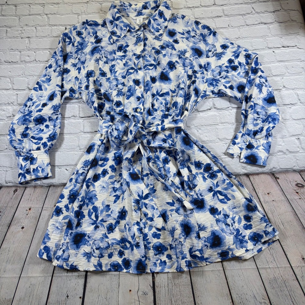 HM Blue White Floral Shirt Dress Long Sleeve Belted Button Front Medium